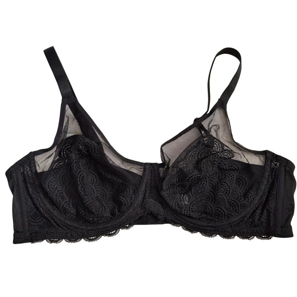 HSIA Black Lace Sheer Mesh Unlined Underwire Bra 44C Full Coverage Scalloped